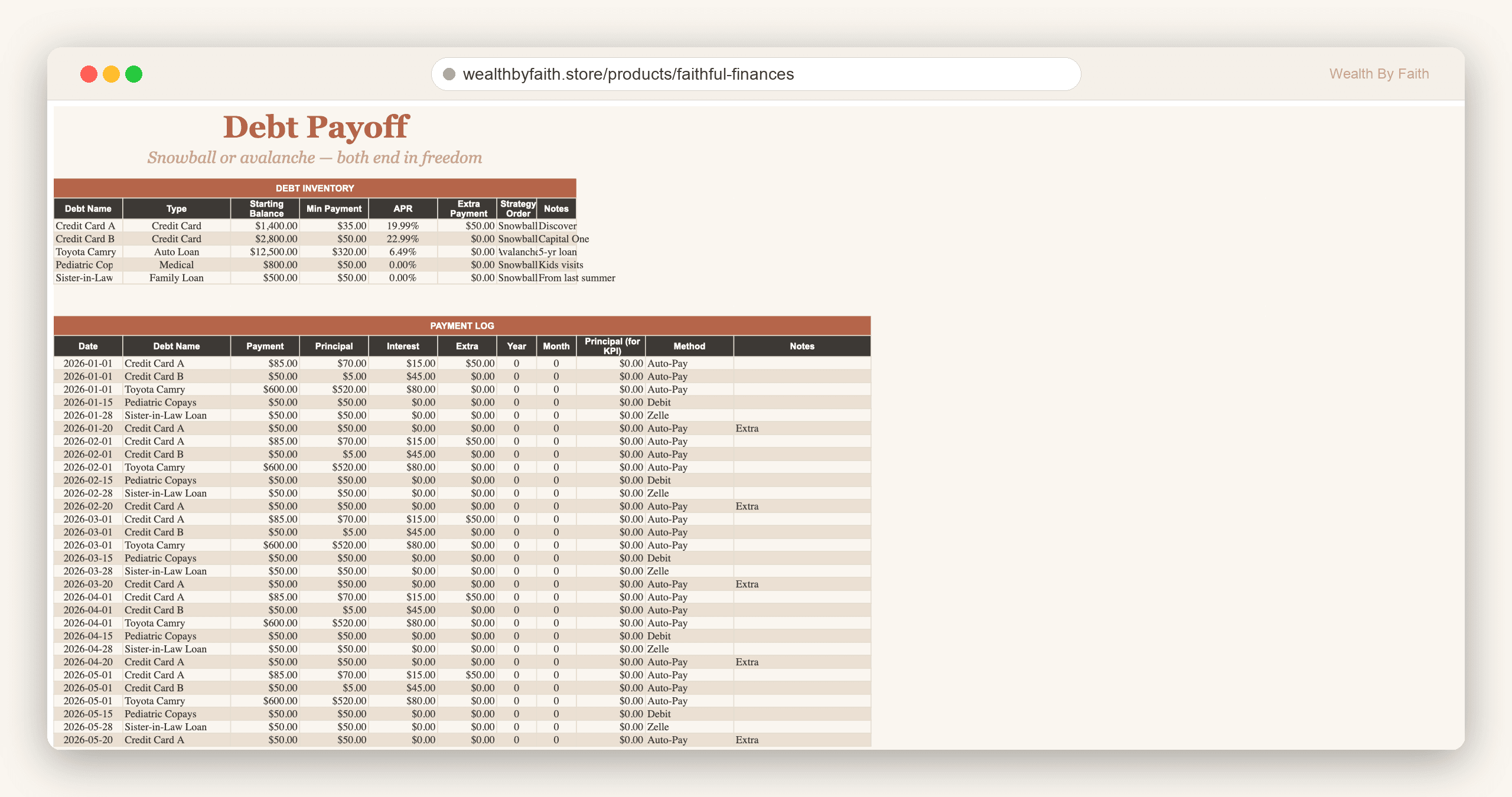 Debt Freedom Tracker — inventory, summary, and payment log