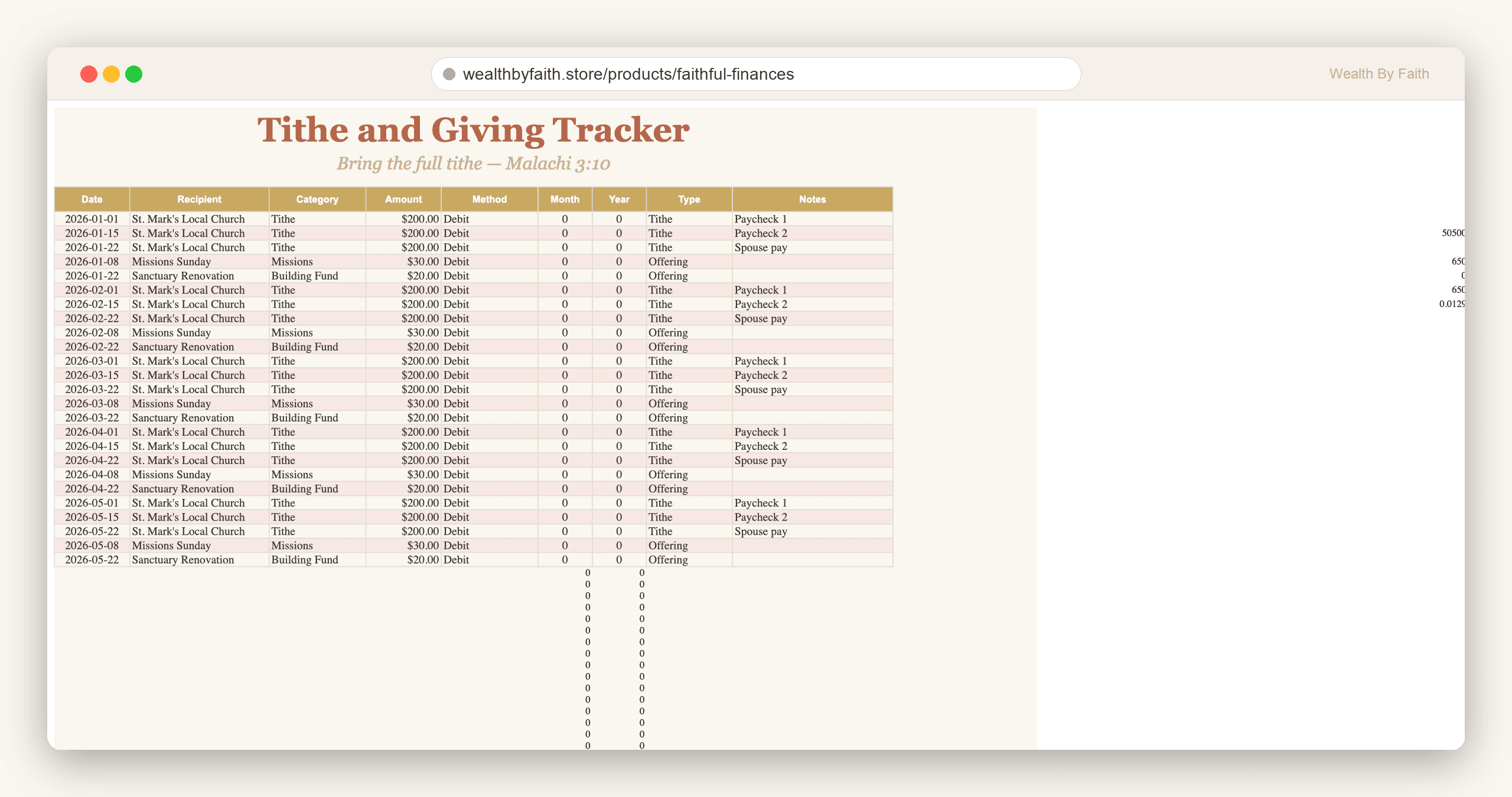 Tithe & Giving Tracker — the giving log and dashboard